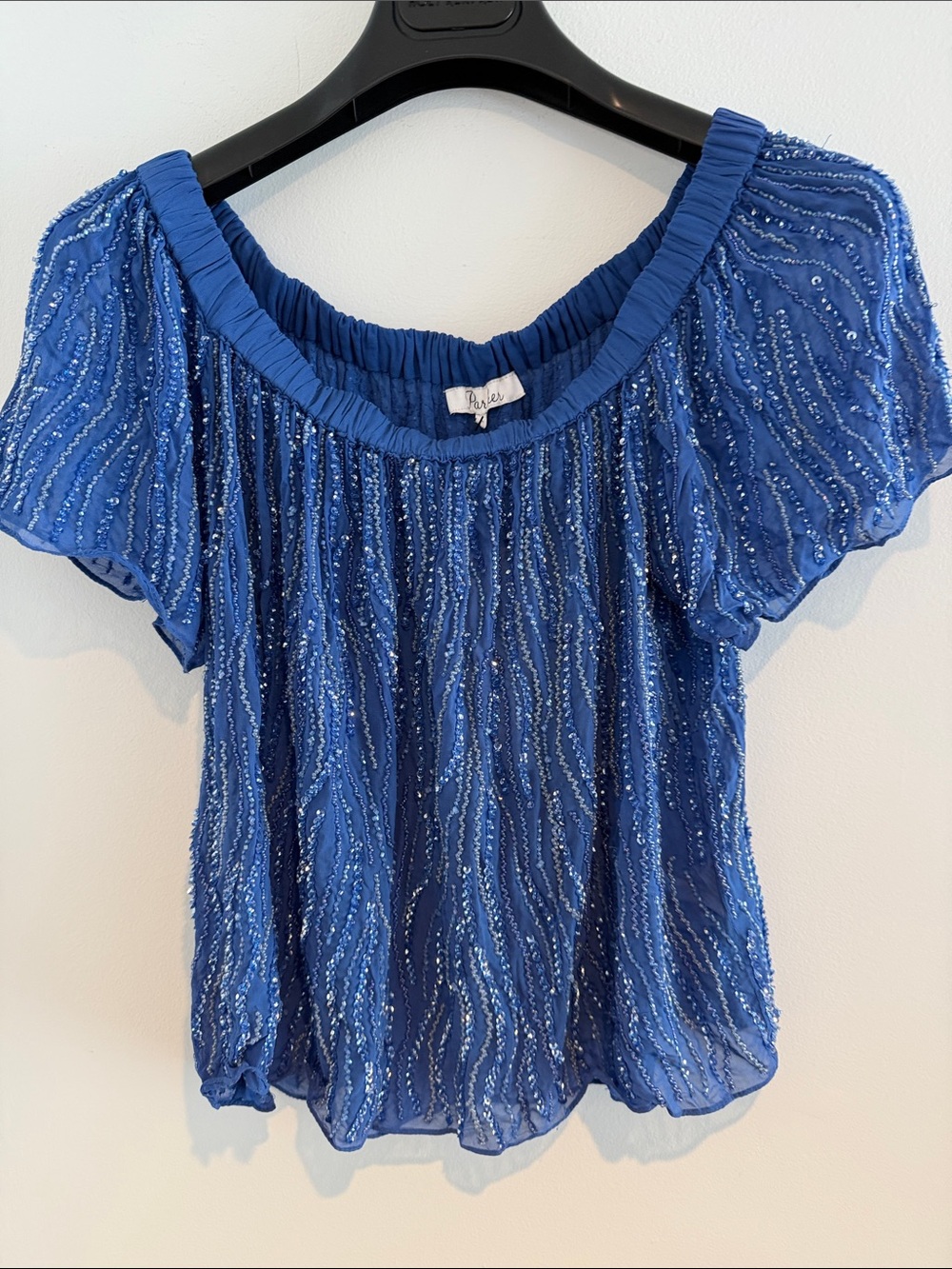 Parker Blue Beaded Short Sleeve Peasant Blouse